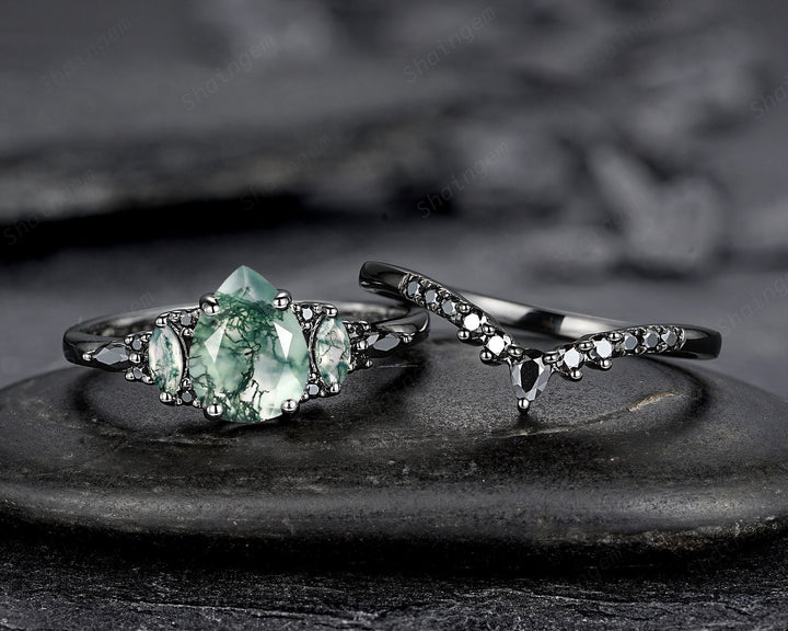 Gothic Black Pear Shape Moss Agate Engagement Ring Set, Black Rhodium Moss Agate Wedding Set, Black Promise Ring Gift Bridal Set for Women - ShainJewelry