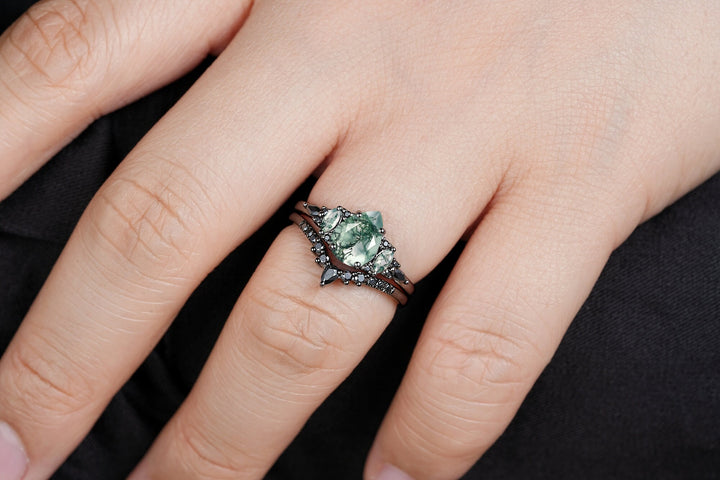 Gothic Black Pear Shape Moss Agate Engagement Ring Set, Black Rhodium Moss Agate Wedding Set, Black Promise Ring Gift Bridal Set for Women - ShainJewelry