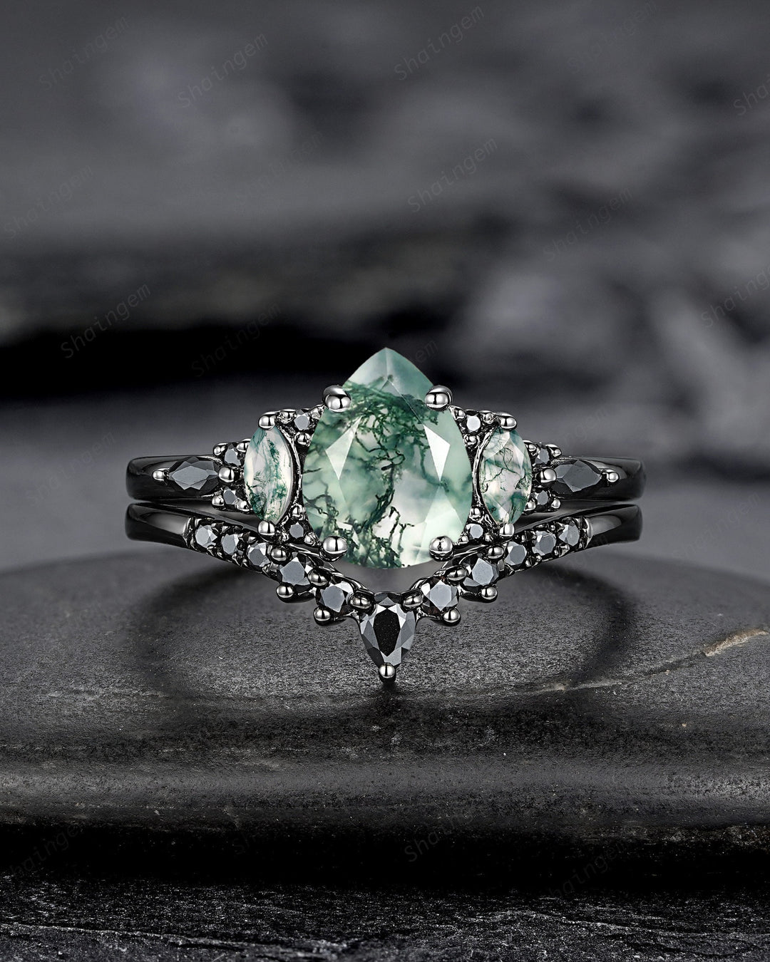 Gothic Black Pear Shape Moss Agate Engagement Ring Set, Black Rhodium Moss Agate Wedding Set, Black Promise Ring Gift Bridal Set for Women - ShainJewelry
