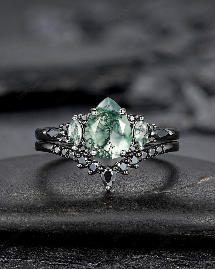 Gothic Black Pear Shape Moss Agate Engagement Ring Set, Black Rhodium Moss Agate Wedding Set, Black Promise Ring Gift Bridal Set for Women - ShainJewelry
