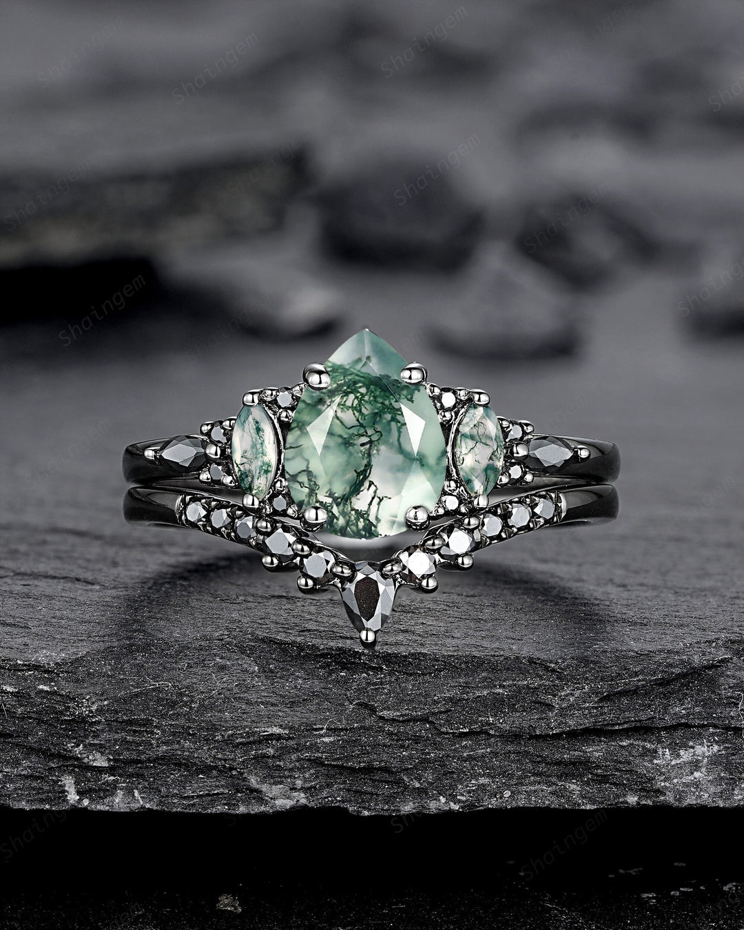 Gothic Black Pear Shape Moss Agate Engagement Ring Set, Black Rhodium Moss Agate Wedding Set, Black Promise Ring Gift Bridal Set for Women - ShainJewelry