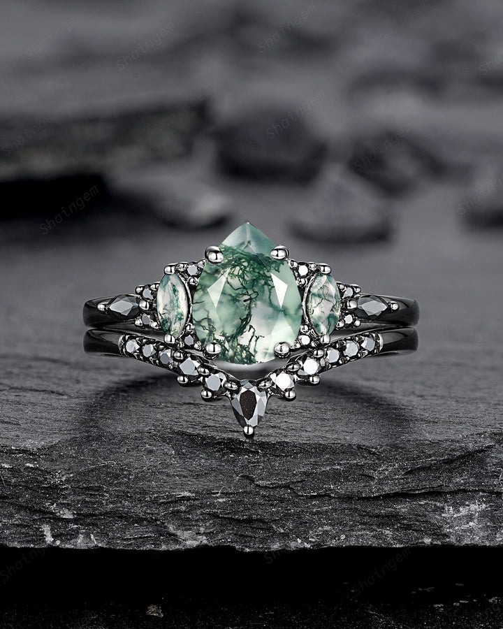 Gothic Black Pear Shape Moss Agate Engagement Ring Set, Black Rhodium Moss Agate Wedding Set, Black Promise Ring Gift Bridal Set for Women - ShainJewelry