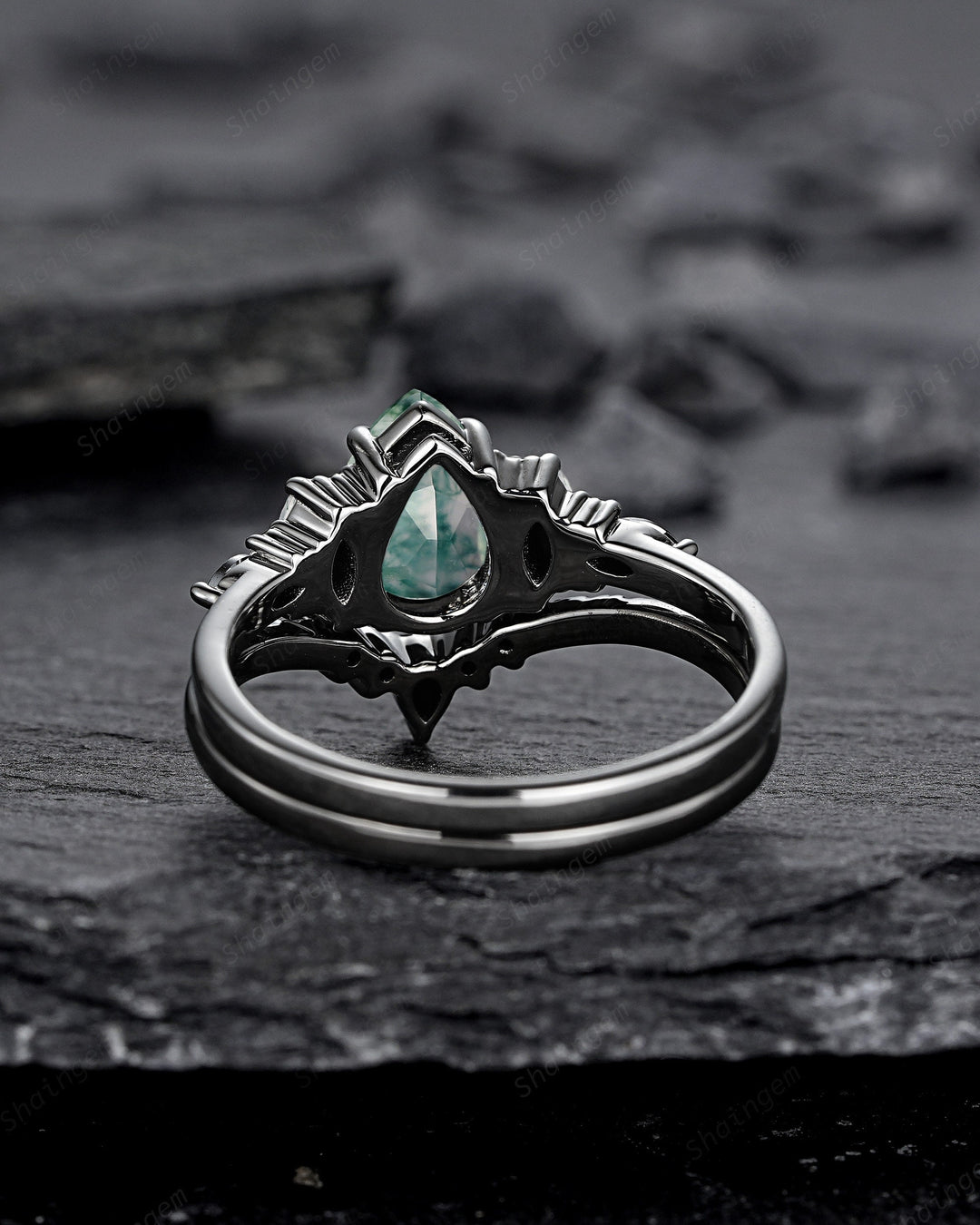 Gothic Black Pear Shape Moss Agate Engagement Ring Set, Black Rhodium Moss Agate Wedding Set, Black Promise Ring Gift Bridal Set for Women - ShainJewelry