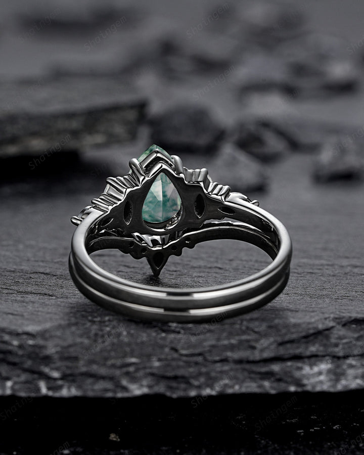 Gothic Black Pear Shape Moss Agate Engagement Ring Set, Black Rhodium Moss Agate Wedding Set, Black Promise Ring Gift Bridal Set for Women - ShainJewelry