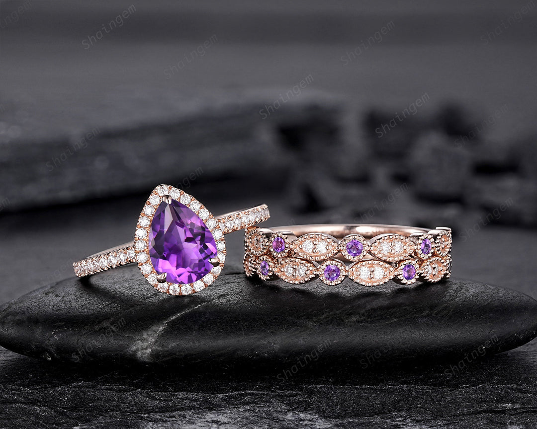 3PCS Pear Shape Purple Amethyst Halo Engagement Ring Set, Vintage Rose Gold Amethyst Wedding Ring, Unique February Birthstone Promise Ring - ShainJewelry