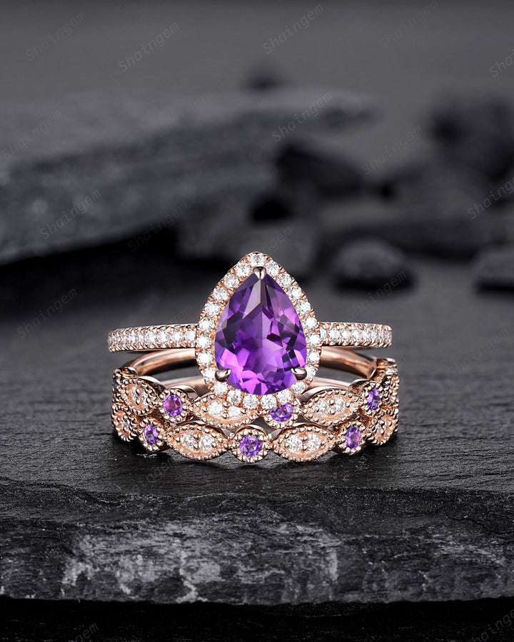 3PCS Pear Shape Purple Amethyst Halo Engagement Ring Set, Vintage Rose Gold Amethyst Wedding Ring, Unique February Birthstone Promise Ring - ShainJewelry