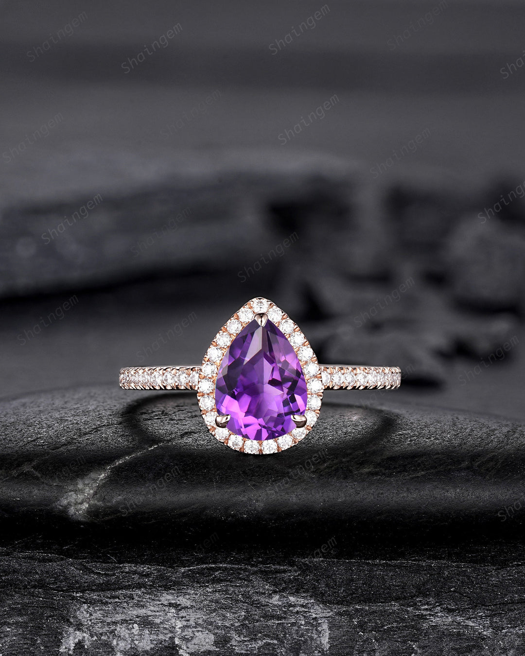 3PCS Pear Shape Purple Amethyst Halo Engagement Ring Set, Vintage Rose Gold Amethyst Wedding Ring, Unique February Birthstone Promise Ring - ShainJewelry