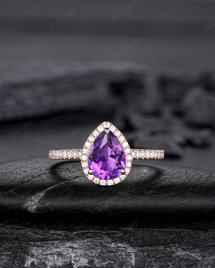 3PCS Pear Shape Purple Amethyst Halo Engagement Ring Set, Vintage Rose Gold Amethyst Wedding Ring, Unique February Birthstone Promise Ring - ShainJewelry