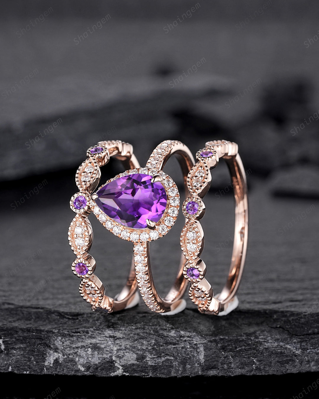 3PCS Pear Shape Purple Amethyst Halo Engagement Ring Set, Vintage Rose Gold Amethyst Wedding Ring, Unique February Birthstone Promise Ring - ShainJewelry