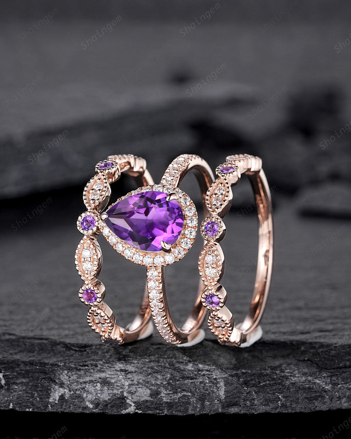 3PCS Pear Shape Purple Amethyst Halo Engagement Ring Set, Vintage Rose Gold Amethyst Wedding Ring, Unique February Birthstone Promise Ring - ShainJewelry