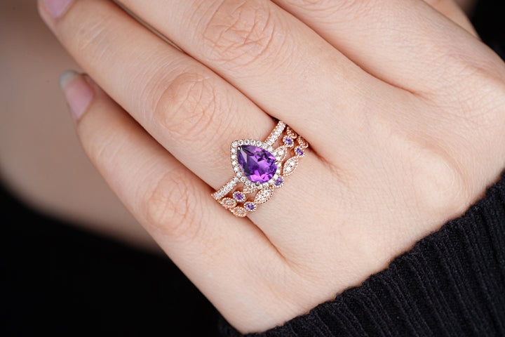 3PCS Pear Shape Purple Amethyst Halo Engagement Ring Set, Vintage Rose Gold Amethyst Wedding Ring, Unique February Birthstone Promise Ring - ShainJewelry