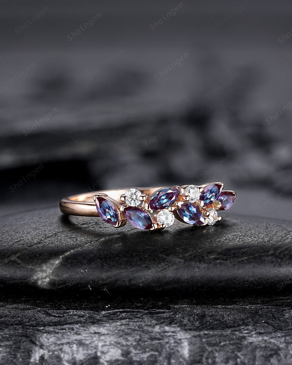 Dainty Marquise Alexandrite Engagement Ring, Rose gold Matching Band, Half Eternity Wedding Band, June Birthstone Promise Ring Enhancer - ShainJewelry
