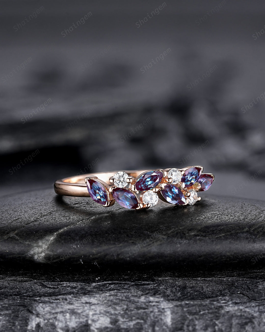 Dainty Marquise Alexandrite Engagement Ring, Rose gold Matching Band, Half Eternity Wedding Band, June Birthstone Promise Ring Enhancer - ShainJewelry