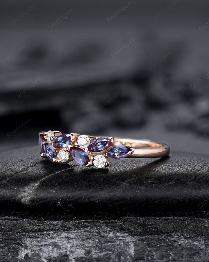 Dainty Marquise Alexandrite Engagement Ring, Rose gold Matching Band, Half Eternity Wedding Band, June Birthstone Promise Ring Enhancer - ShainJewelry