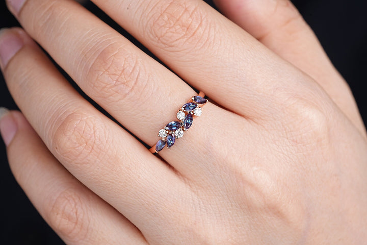Dainty Marquise Alexandrite Engagement Ring, Rose gold Matching Band, Half Eternity Wedding Band, June Birthstone Promise Ring Enhancer - ShainJewelry