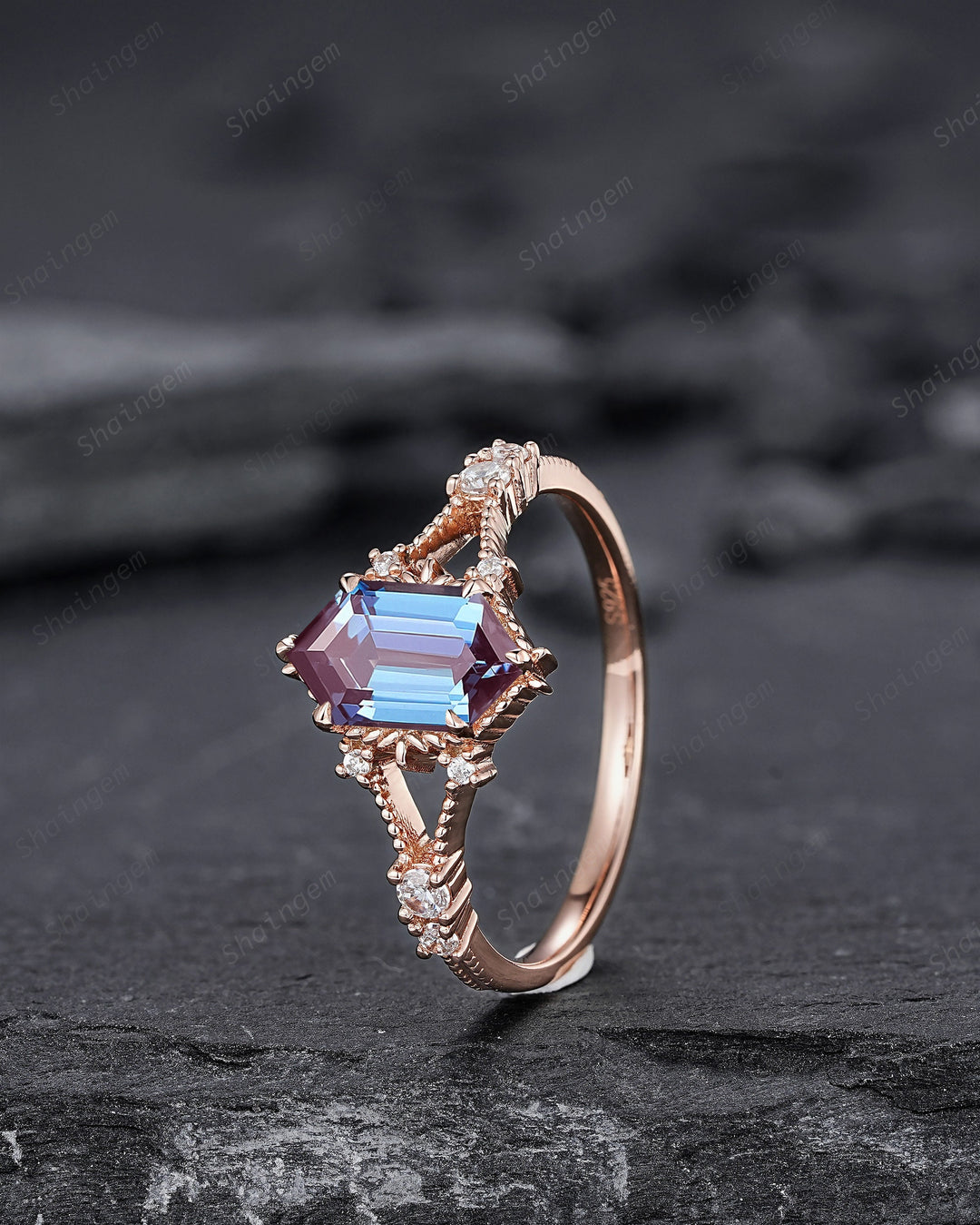 Long Hexagon Cut Alexandrite Engagement Ring, Unique Split Shank Milgrain Wedding Ring, Rose Gold Anniversary Gift Promise Ring for Women - ShainJewelry
