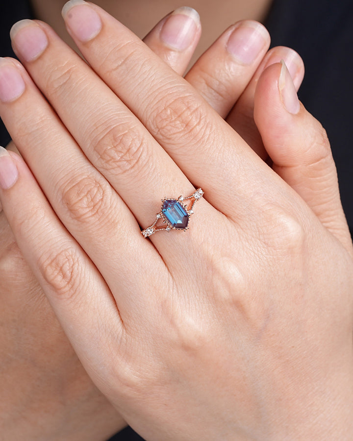 Long Hexagon Cut Alexandrite Engagement Ring, Unique Split Shank Milgrain Wedding Ring, Rose Gold Anniversary Gift Promise Ring for Women - ShainJewelry