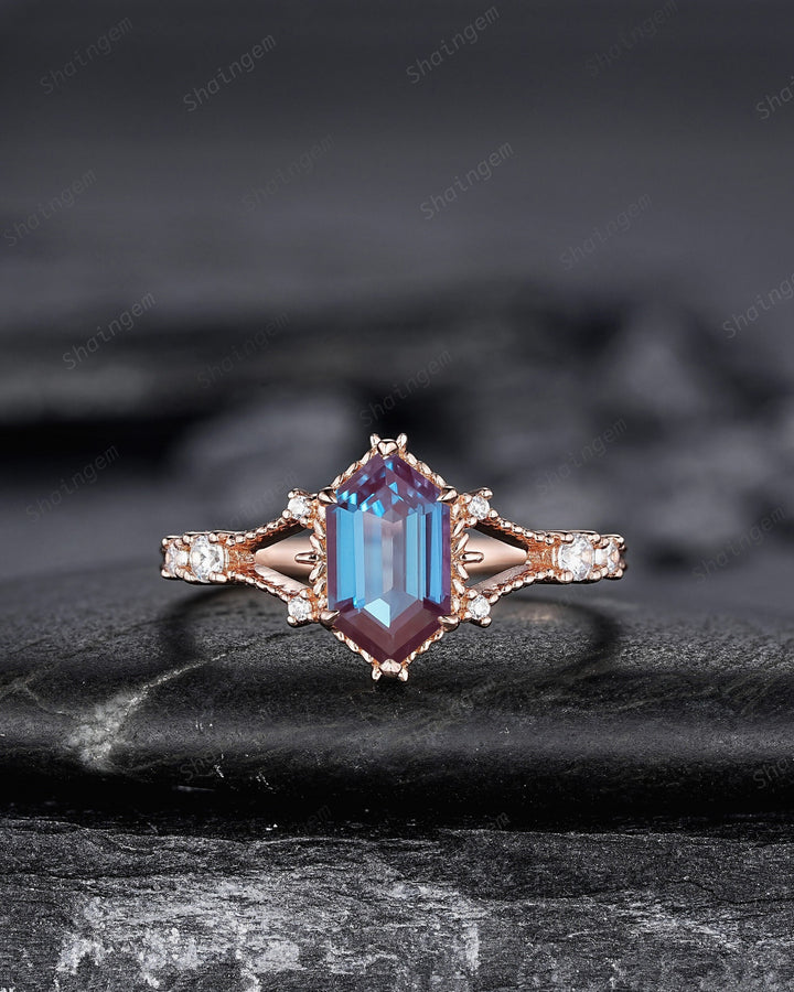 Long Hexagon Cut Alexandrite Engagement Ring, Unique Split Shank Milgrain Wedding Ring, Rose Gold Anniversary Gift Promise Ring for Women - ShainJewelry