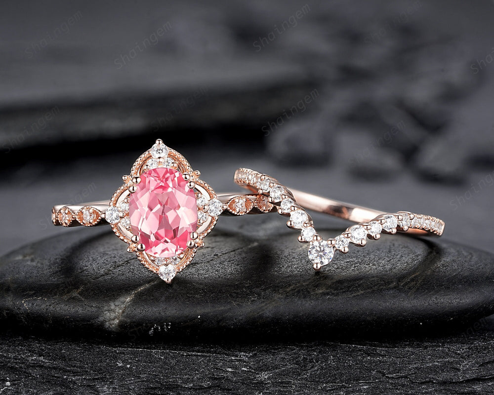 Milgrain Oval Shape Padparadscha Pink Sapphire Floral Engagement Ring, Rose Gold Sapphire Wedding Set, Flower Promise Ring Gift for Women - ShainJewelry