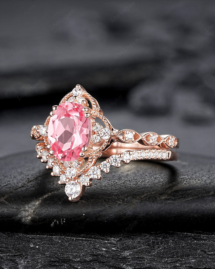 Milgrain Oval Shape Padparadscha Pink Sapphire Floral Engagement Ring, Rose Gold Sapphire Wedding Set, Flower Promise Ring Gift for Women - ShainJewelry