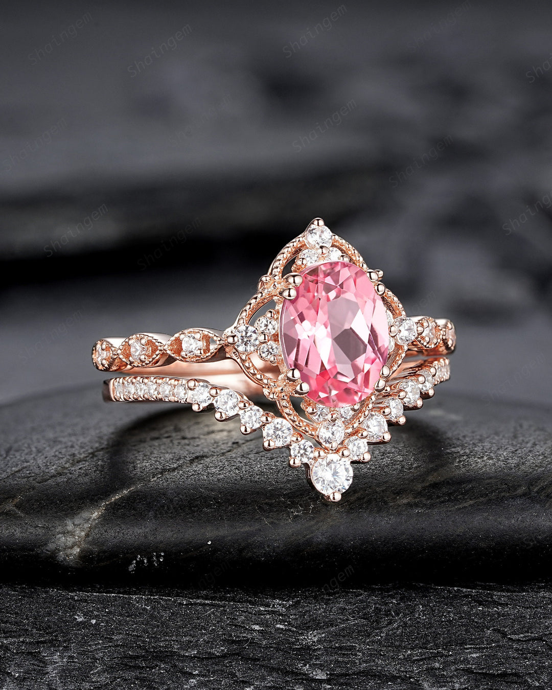 Milgrain Oval Shape Padparadscha Pink Sapphire Floral Engagement Ring, Rose Gold Sapphire Wedding Set, Flower Promise Ring Gift for Women - ShainJewelry