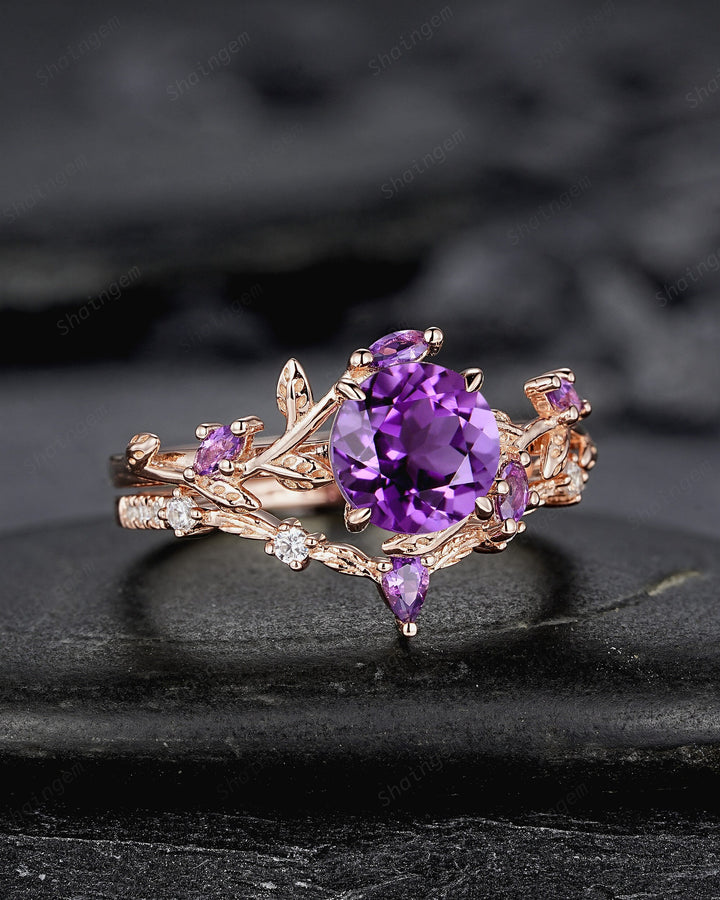 Nature Inspired Purple Amethyst Leaf Engagement Ring Set, Round Cut Amethyst Rose Gold Wedding Set, Twig Branch Bridal Set Anniversary Ring - ShainJewelry