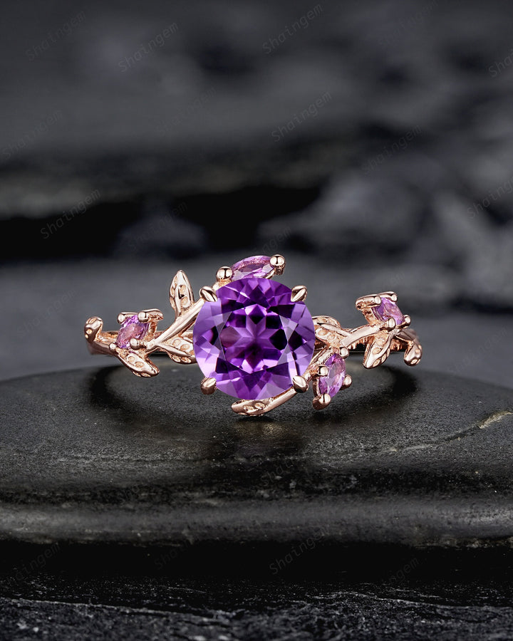 Nature Inspired Purple Amethyst Leaf Engagement Ring Set, Round Cut Amethyst Rose Gold Wedding Set, Twig Branch Bridal Set Anniversary Ring - ShainJewelry