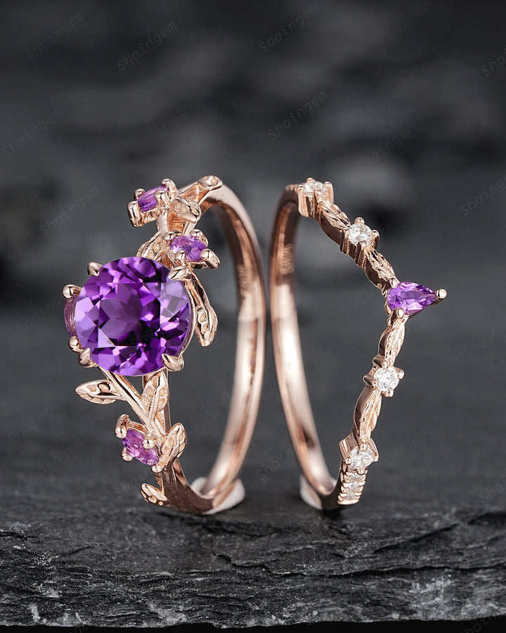 Nature Inspired Purple Amethyst Leaf Engagement Ring Set, Round Cut Amethyst Rose Gold Wedding Set, Twig Branch Bridal Set Anniversary Ring - ShainJewelry
