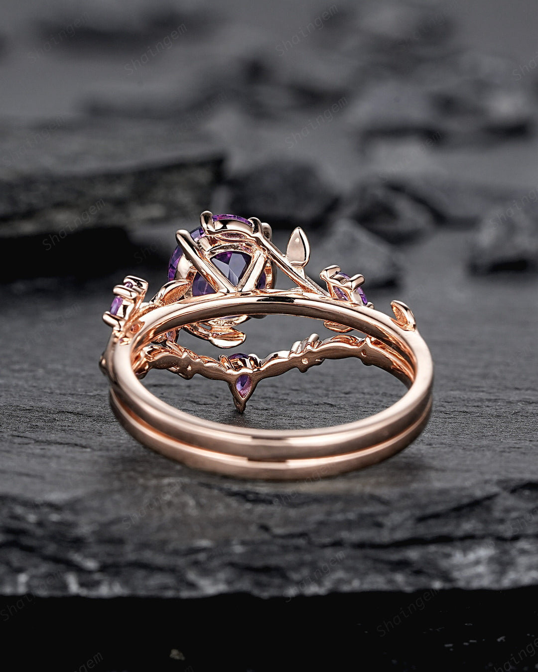 Nature Inspired Purple Amethyst Leaf Engagement Ring Set, Round Cut Amethyst Rose Gold Wedding Set, Twig Branch Bridal Set Anniversary Ring - ShainJewelry