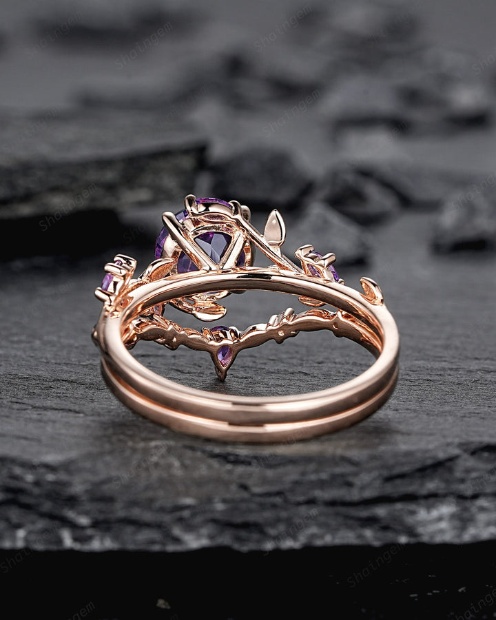 Nature Inspired Purple Amethyst Leaf Engagement Ring Set, Round Cut Amethyst Rose Gold Wedding Set, Twig Branch Bridal Set Anniversary Ring - ShainJewelry