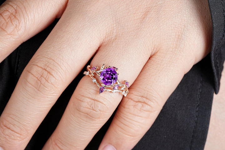 Nature Inspired Purple Amethyst Leaf Engagement Ring Set, Round Cut Amethyst Rose Gold Wedding Set, Twig Branch Bridal Set Anniversary Ring - ShainJewelry