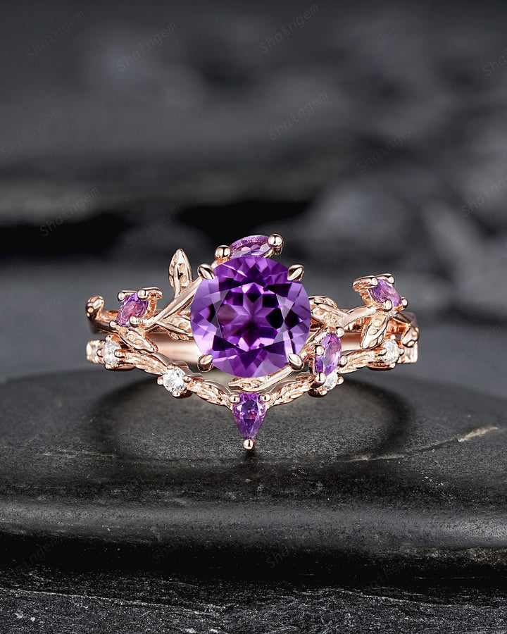 Nature Inspired Purple Amethyst Leaf Engagement Ring Set, Round Cut Amethyst Rose Gold Wedding Set, Twig Branch Bridal Set Anniversary Ring - ShainJewelry
