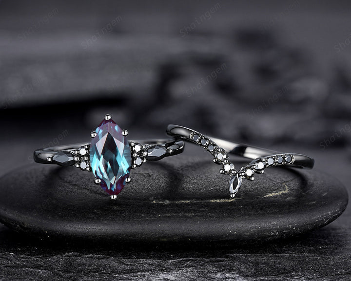 Black Gold Marquise Cut Alexandrite Engagement Ring Set, Gothic Punk Bridal Set, Black Rhodium Wedding Ring, Black Promise Ring for Women - ShainJewelry