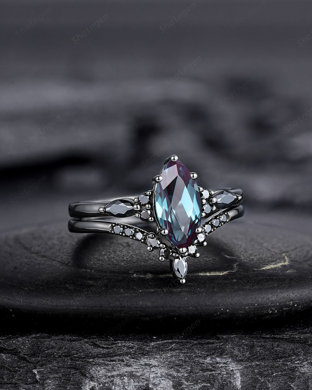 Black Gold Marquise Cut Alexandrite Engagement Ring Set, Gothic Punk Bridal Set, Black Rhodium Wedding Ring, Black Promise Ring for Women - ShainJewelry