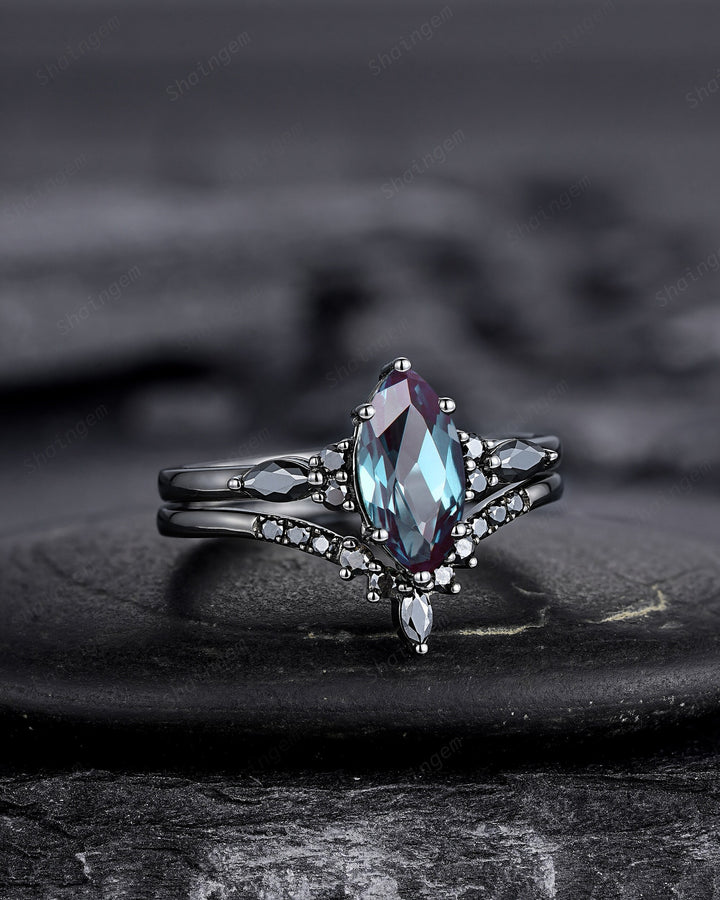 Black Gold Marquise Cut Alexandrite Engagement Ring Set, Gothic Punk Bridal Set, Black Rhodium Wedding Ring, Black Promise Ring for Women - ShainJewelry