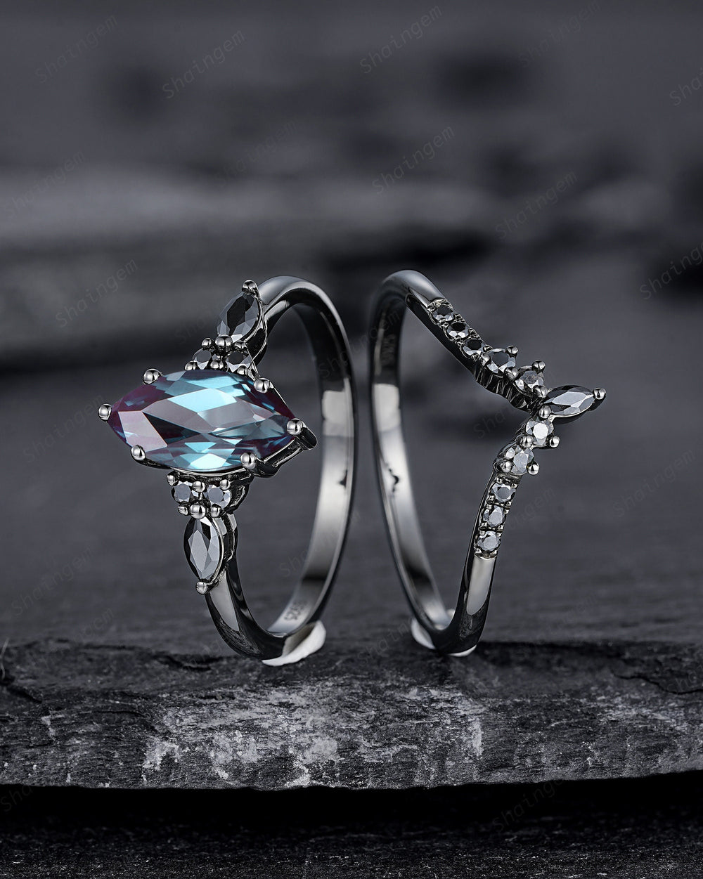 Black Gold Marquise Cut Alexandrite Engagement Ring Set, Gothic Punk Bridal Set, Black Rhodium Wedding Ring, Black Promise Ring for Women - ShainJewelry