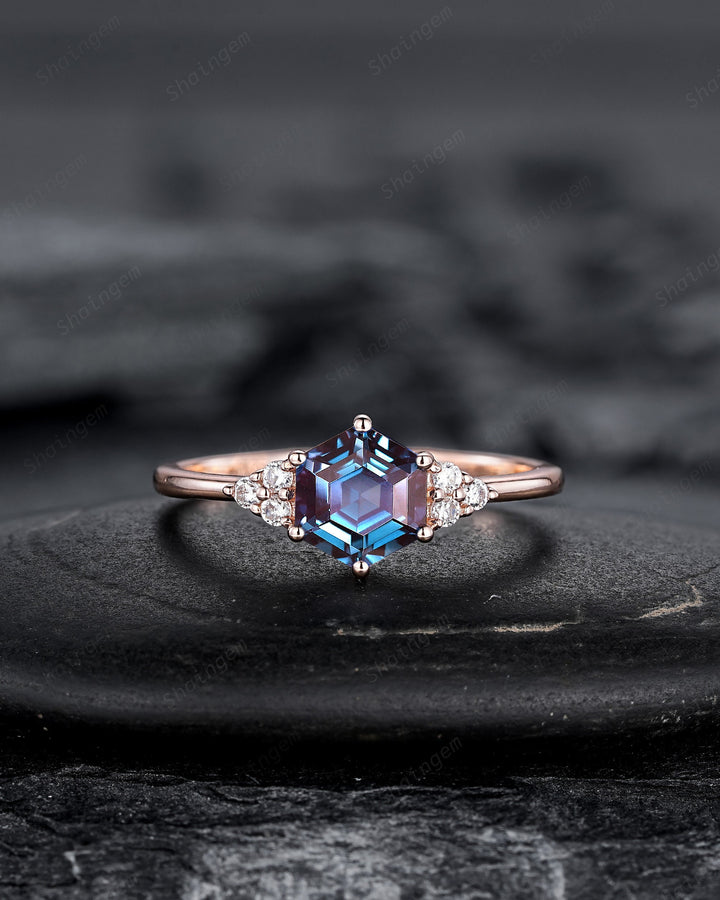 Unique Hexagon Alexandrite Engagement Ring, Vintage Alexandrite Wedding Ring, Milgrain Rose Gold June Birthstone Promise Ring, Art Deco Ring - ShainJewelry