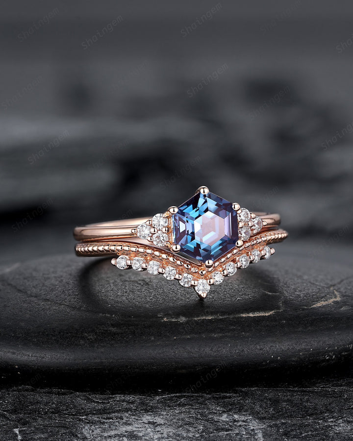 Unique Hexagon Alexandrite Engagement Ring, Vintage Alexandrite Wedding Ring, Milgrain Rose Gold June Birthstone Promise Ring, Art Deco Ring - ShainJewelry