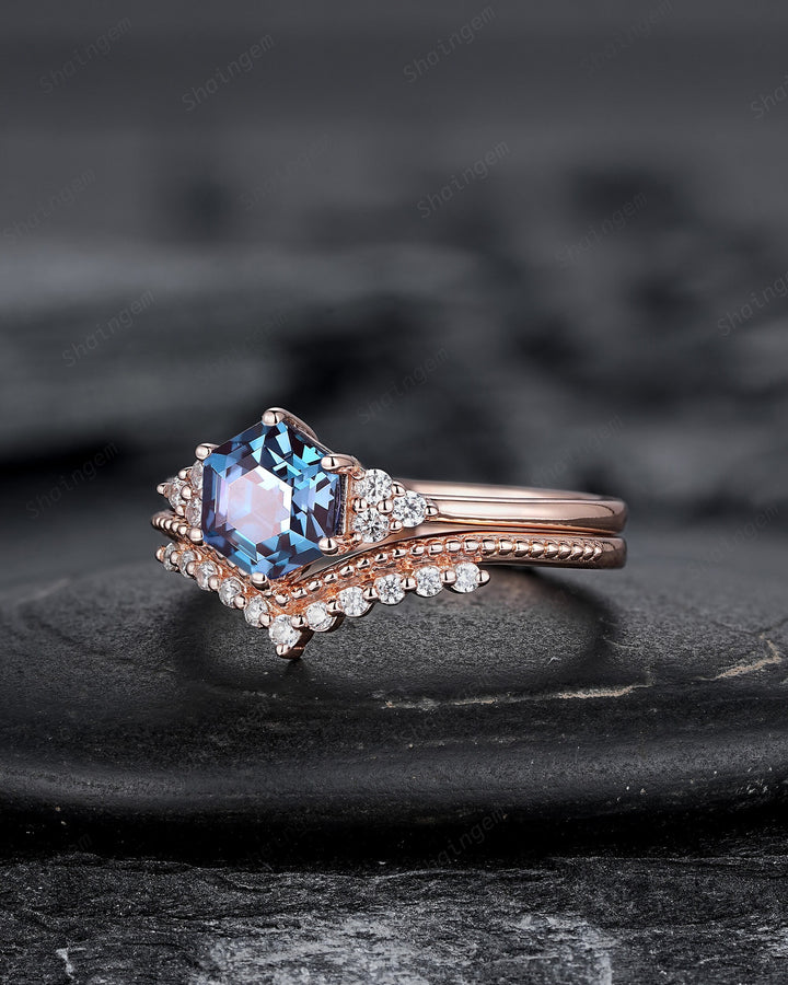 Unique Hexagon Alexandrite Engagement Ring, Vintage Alexandrite Wedding Ring, Milgrain Rose Gold June Birthstone Promise Ring, Art Deco Ring - ShainJewelry