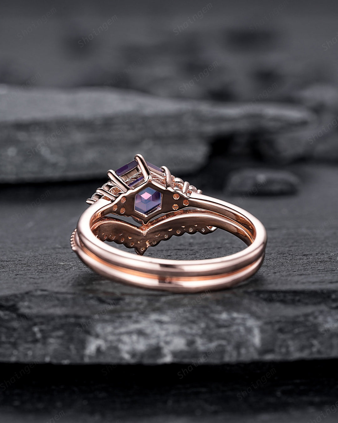 Unique Hexagon Alexandrite Engagement Ring, Vintage Alexandrite Wedding Ring, Milgrain Rose Gold June Birthstone Promise Ring, Art Deco Ring - ShainJewelry