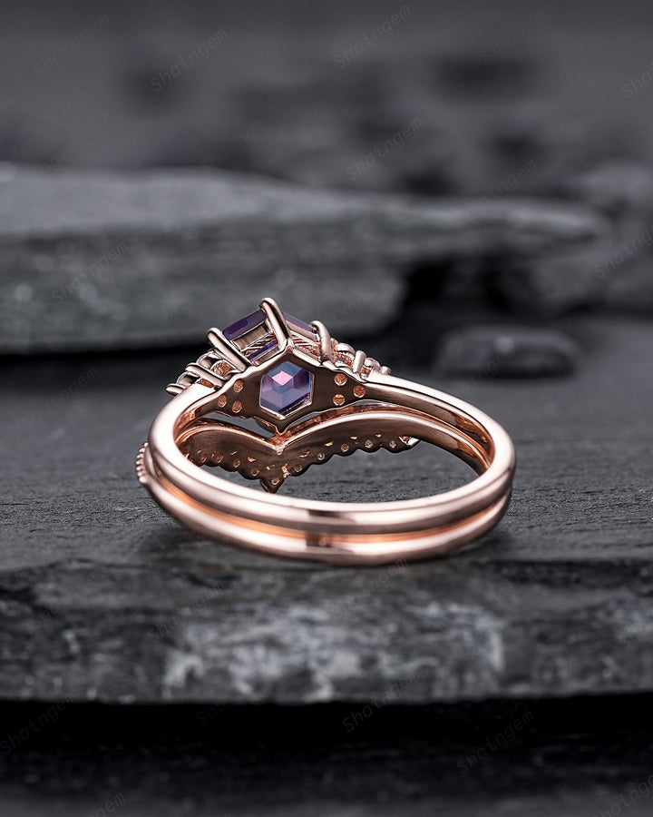 Unique Hexagon Alexandrite Engagement Ring, Vintage Alexandrite Wedding Ring, Milgrain Rose Gold June Birthstone Promise Ring, Art Deco Ring - ShainJewelry
