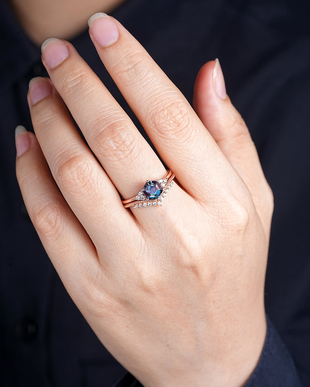 Unique Hexagon Alexandrite Engagement Ring, Vintage Alexandrite Wedding Ring, Milgrain Rose Gold June Birthstone Promise Ring, Art Deco Ring - ShainJewelry