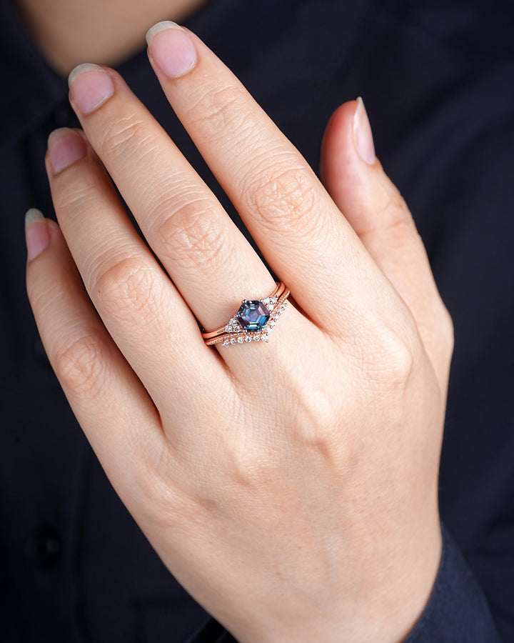 Unique Hexagon Alexandrite Engagement Ring, Vintage Alexandrite Wedding Ring, Milgrain Rose Gold June Birthstone Promise Ring, Art Deco Ring - ShainJewelry