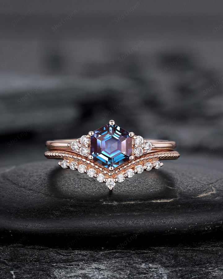 Unique Hexagon Alexandrite Engagement Ring, Vintage Alexandrite Wedding Ring, Milgrain Rose Gold June Birthstone Promise Ring, Art Deco Ring - ShainJewelry
