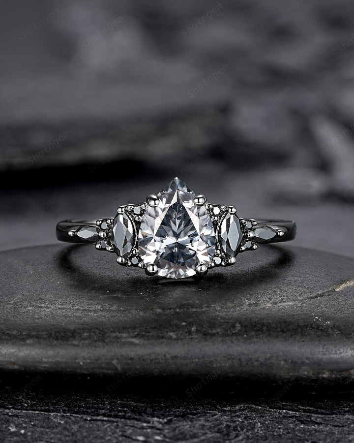 Gothic Pear Shape Gray Moissanite Black Engagement Ring, Unique Black Rhodium Wedding Set, Punk Promise Ring for Women, Vintage Bridal Set - ShainJewelry
