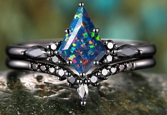 3PCS Gothic Kite Cut Black Opal Engagement Ring Set, Punk Black Gold Dark Promise Ring, Vintage Rhodium Black Wedding Ring Gift for Women - ShainJewelry