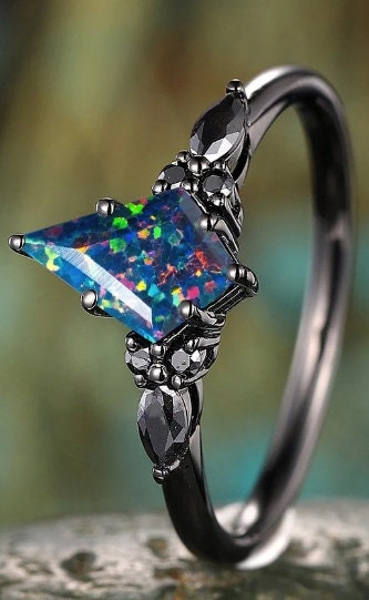 3PCS Gothic Kite Cut Black Opal Engagement Ring Set, Punk Black Gold Dark Promise Ring, Vintage Rhodium Black Wedding Ring Gift for Women - ShainJewelry