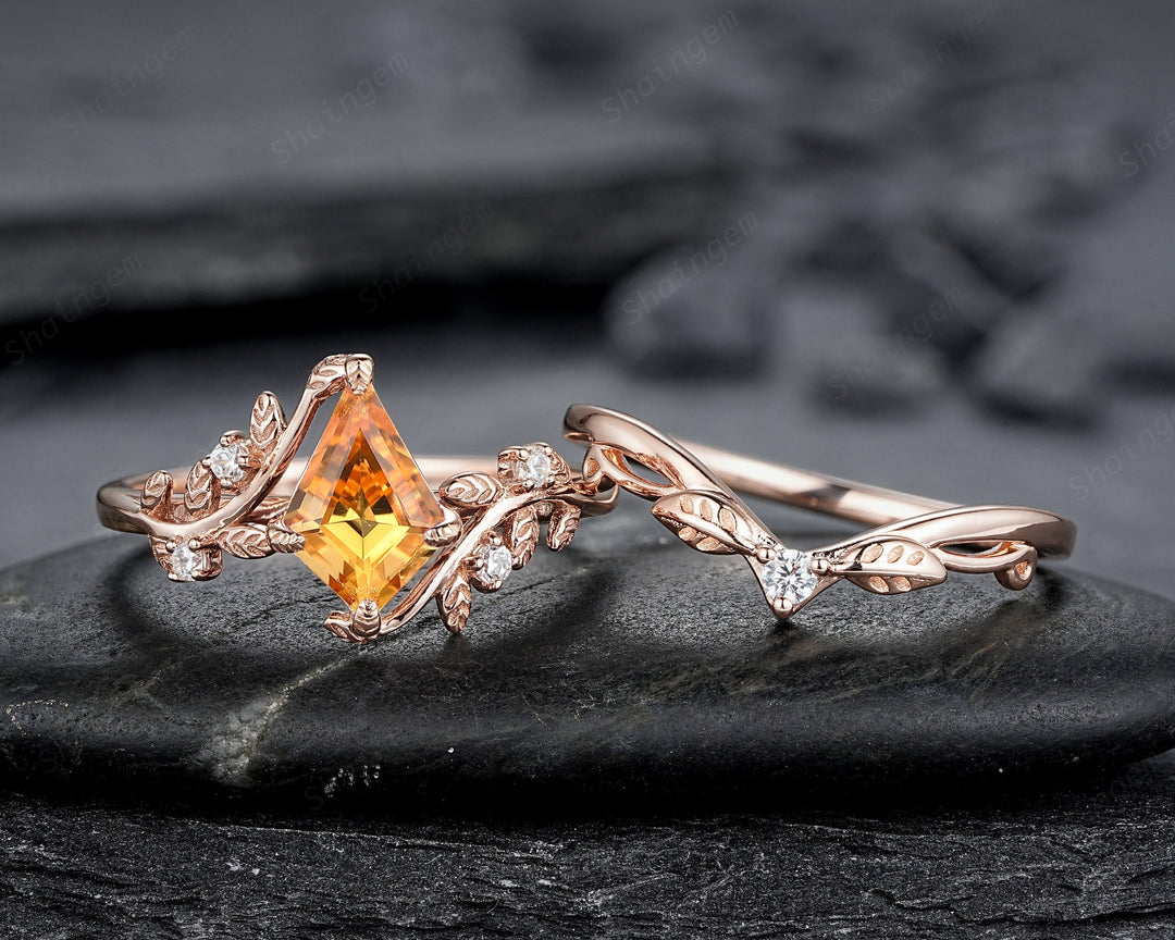 Vintage Kite Cut Natural Citrine Leaf Engagement Ring, Rose Gold Twig Branch Wedding Set Nature Inspired Yellow Stone Promise Ring for Women - ShainJewelry