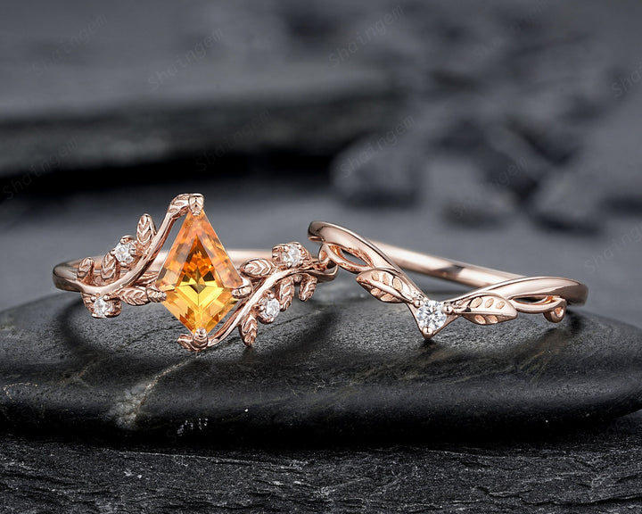 Vintage Kite Cut Natural Citrine Leaf Engagement Ring, Rose Gold Twig Branch Wedding Set Nature Inspired Yellow Stone Promise Ring for Women - ShainJewelry