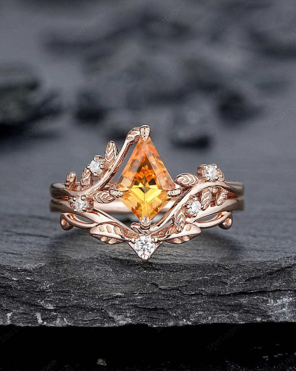 Vintage Kite Cut Natural Citrine Leaf Engagement Ring, Rose Gold Twig Branch Wedding Set Nature Inspired Yellow Stone Promise Ring for Women - ShainJewelry